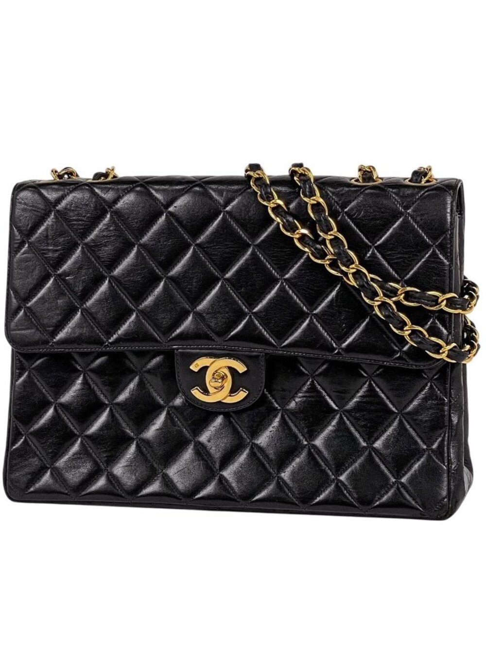 Chanel Big Quilted Single Flap Chain Shoulder Bag CC Logo Leather Black